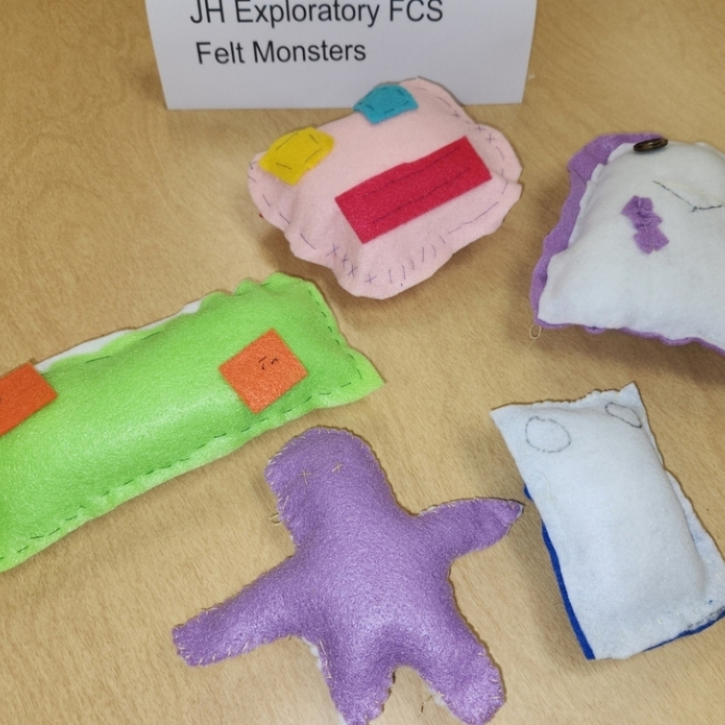 8th grade felt monster's made using hand stitches learned in class